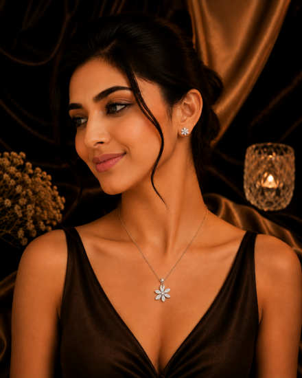 Picture of Silver Crystal Floral Pendant Set