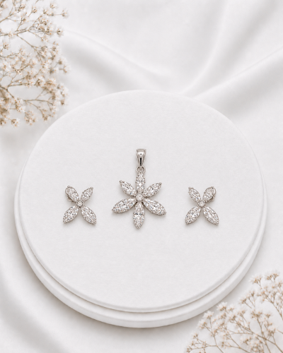 Picture of Silver Crystal Floral Pendant Set