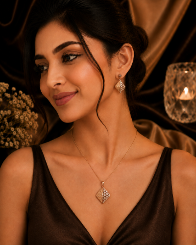 Picture of 925 Rose Gold Floral Diamond Pendant Set