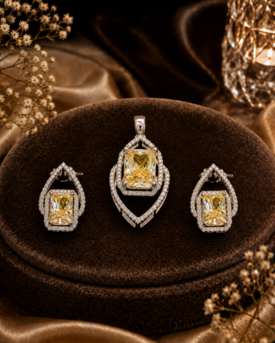 Picture of 925  Golden Citrine Halo Pendant Set