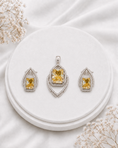 Picture of 925  Golden Citrine Halo Pendant Set