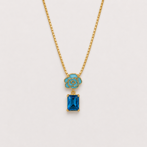 Picture of 925 Silver Blue Crystal Flower Pendant Necklace