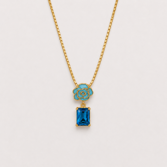 Picture of 925 Silver Blue Crystal Flower Pendant Necklace