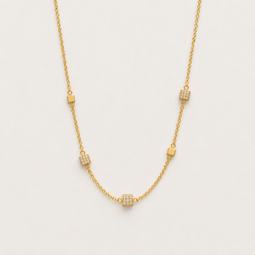 Picture of 925 Silver CZ Square Station Chain Necklace