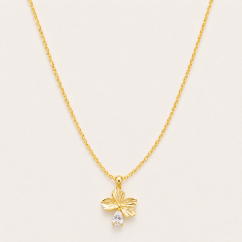 Picture of 925 Silver Gold Plated Floral Drop Necklace