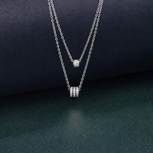 Picture of 925 Sterling Silver Double Circle CZ Layered Pendant Necklace