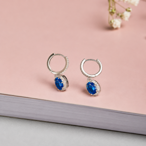 Picture of 925 Sterling Silver Blue Sapphire Halo Drop Hoop Earrings