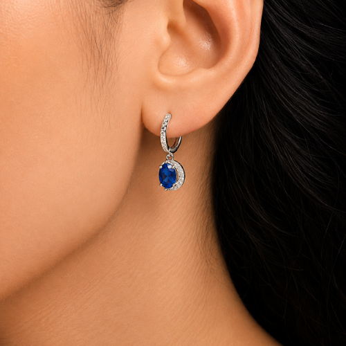 Picture of 925 Sterling Silver Blue Sapphire Halo Drop Hoop Earrings