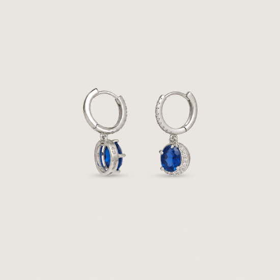 Picture of 925 Sterling Silver Blue Sapphire Halo Drop Hoop Earrings
