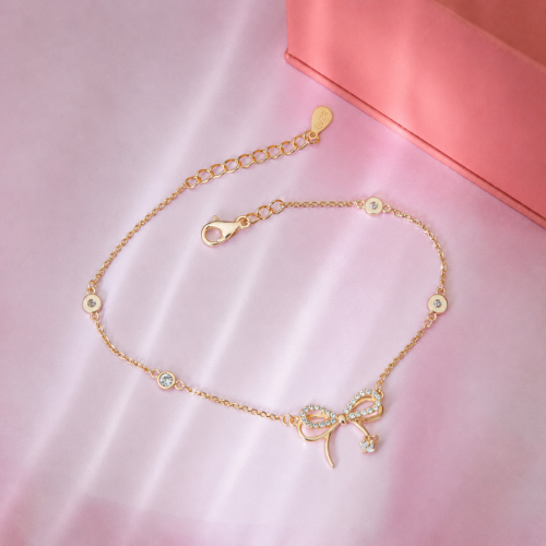 Picture of 925 Sterling Silver Gold-Plated Bow CZ Adjustable Bracelet for Women