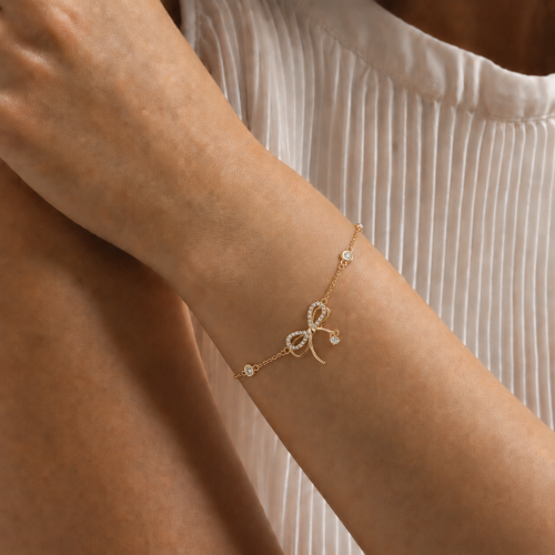 Picture of 925 Sterling Silver Gold-Plated Bow CZ Adjustable Bracelet for Women