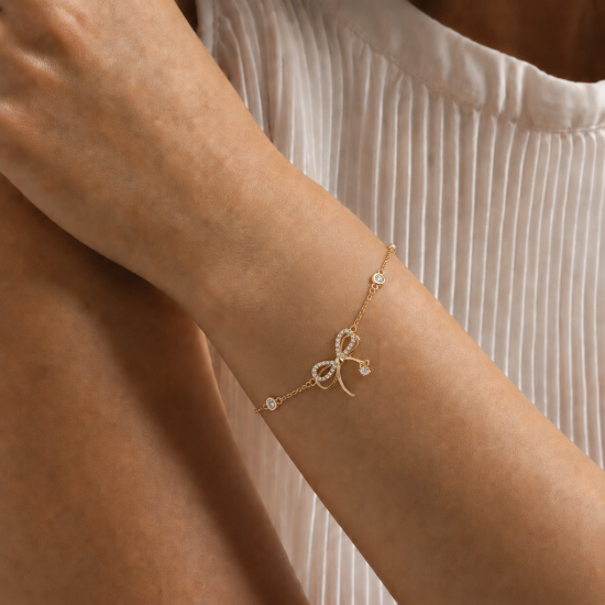 Picture of 925 Sterling Silver Gold-Plated Bow CZ Adjustable Bracelet for Women