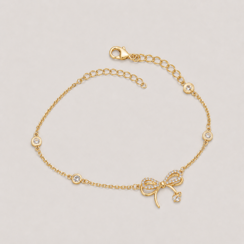 Picture of 925 Sterling Silver Gold-Plated Bow CZ Adjustable Bracelet for Women