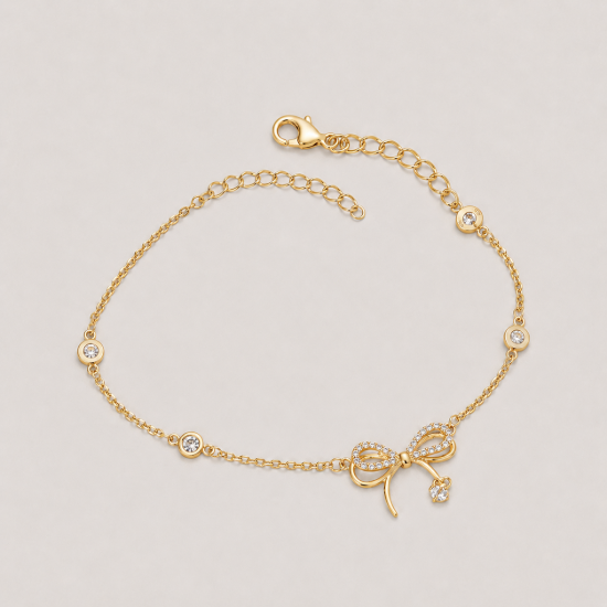 Picture of 925 Sterling Silver Gold-Plated Bow CZ Adjustable Bracelet for Women