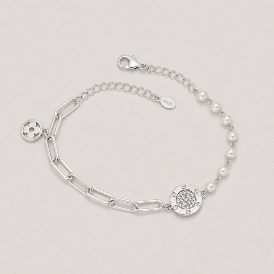 Picture of 925 Sterling Silver Pearl Link Bracelet
