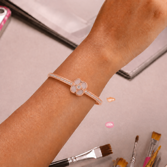 Picture of 925 Sterling Silver Rose Gold Clover Mother of Pearl Bangle Bracelet