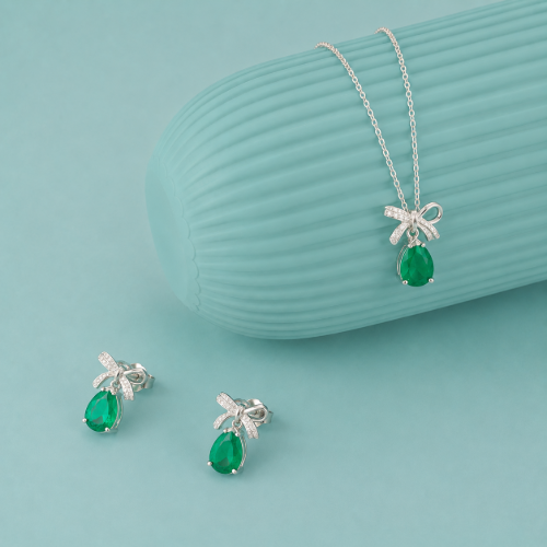 Picture of 925 Silver Emerald Green Bow Drop Jewelry Set