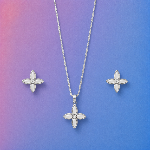 Picture of 925 Silver Mother of Pearl Flower Jewelry Set