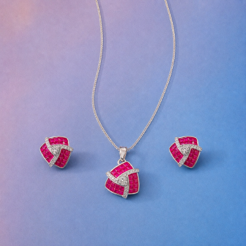 Picture of 925 Silver Pink CZ Geometric Jewelry Set