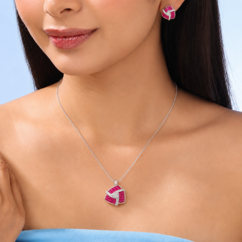 Picture of 925 Silver Pink CZ Geometric Jewelry Set