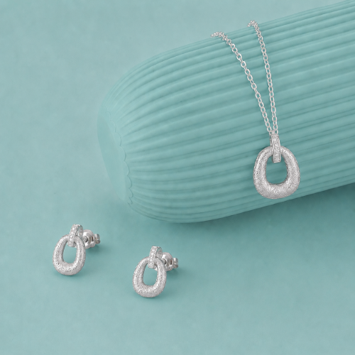 Picture of 925 Silver Textured Oval Pendant & Stud Earrings Set