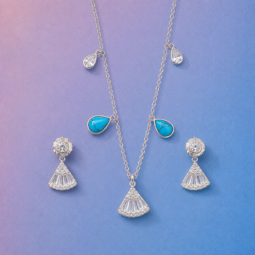 Picture of 925 Silver Turquoise CZ Fan Jewelry Set