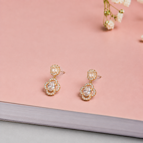 Picture of 925 Golden Floral Crystal Drop Earrings