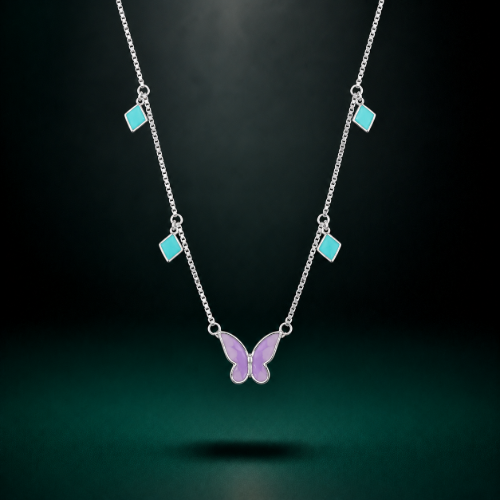 Picture of 925 Silver Butterfly & Turquoise Charm Pendant Necklace