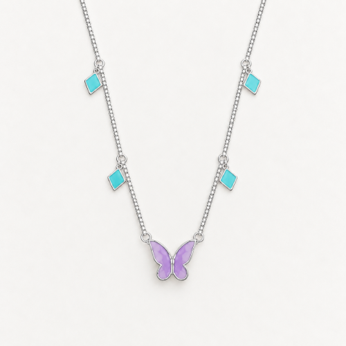 Picture of 925 Silver Butterfly & Turquoise Charm Pendant Necklace