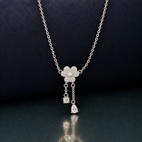 Picture of 925 Silver Floral Pearl Drop Necklace