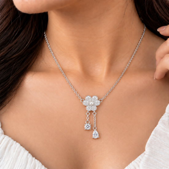 Picture of 925 Silver Floral Pearl Drop Necklace