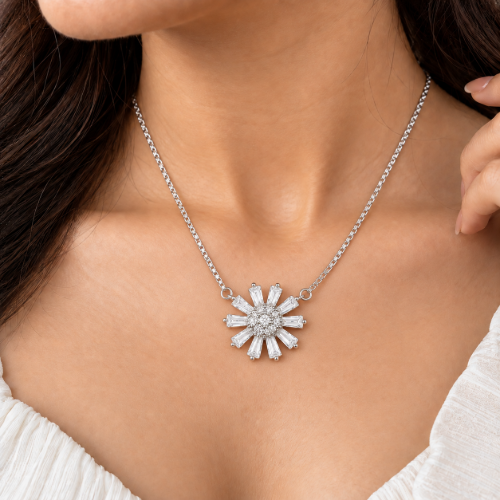 Picture of 925 Silver Sunburst Floral Pendant Necklace
