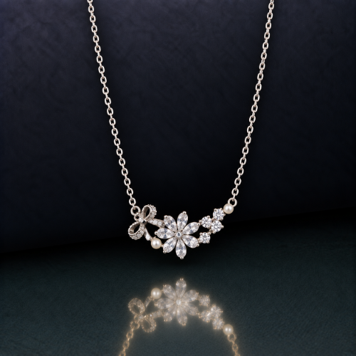 Picture of 925 Silver Floral Pearl Bow Necklace