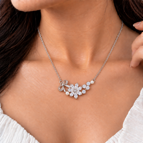 Picture of 925 Silver Floral Pearl Bow Necklace