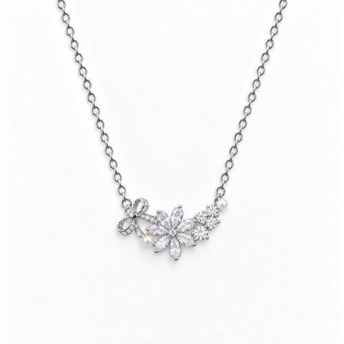 Picture of 925 Silver Floral Pearl Bow Necklace