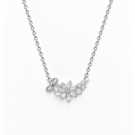 Picture of 925 Silver Floral Pearl Bow Necklace