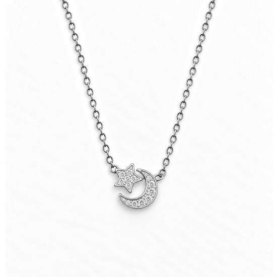Picture of 925 Silver Moon & Star Pendant Necklace