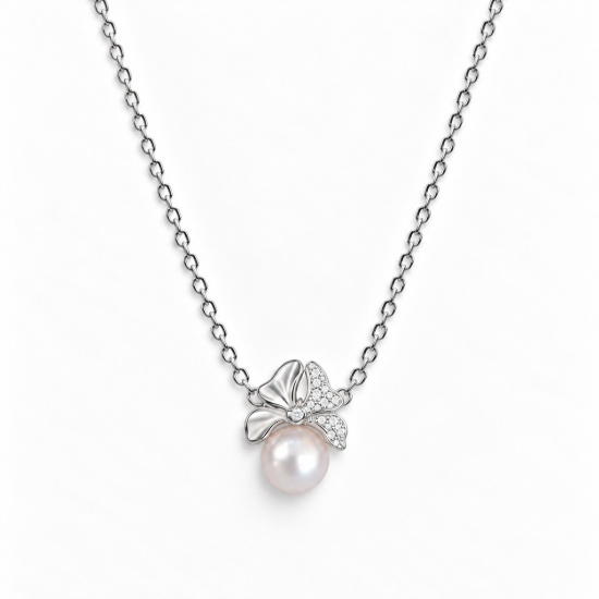 Picture of 925 Silver Pearl Bow Floral Necklace