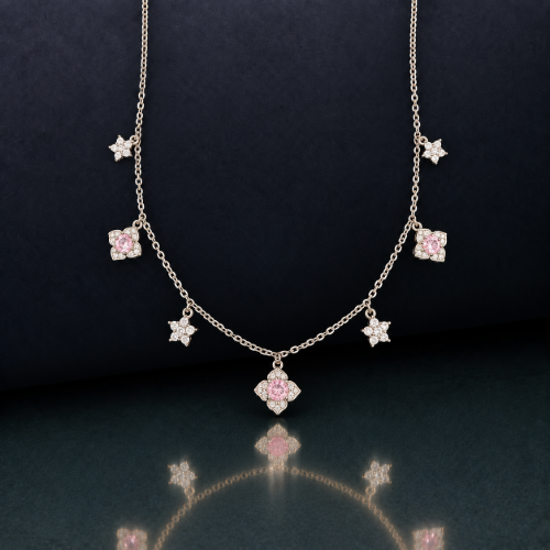 Picture of 925 Silver Pink Flower Charm Layered Necklace