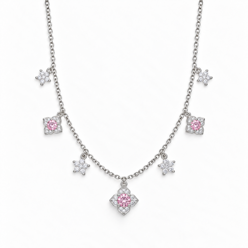 Picture of 925 Silver Pink Flower Charm Layered Necklace