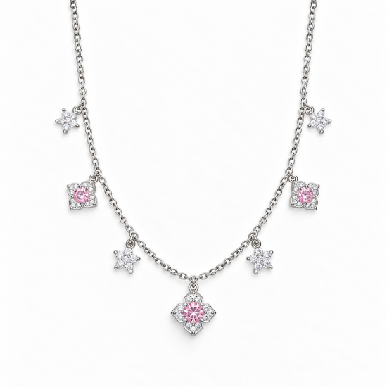 Picture of 925 Silver Pink Flower Charm Layered Necklace